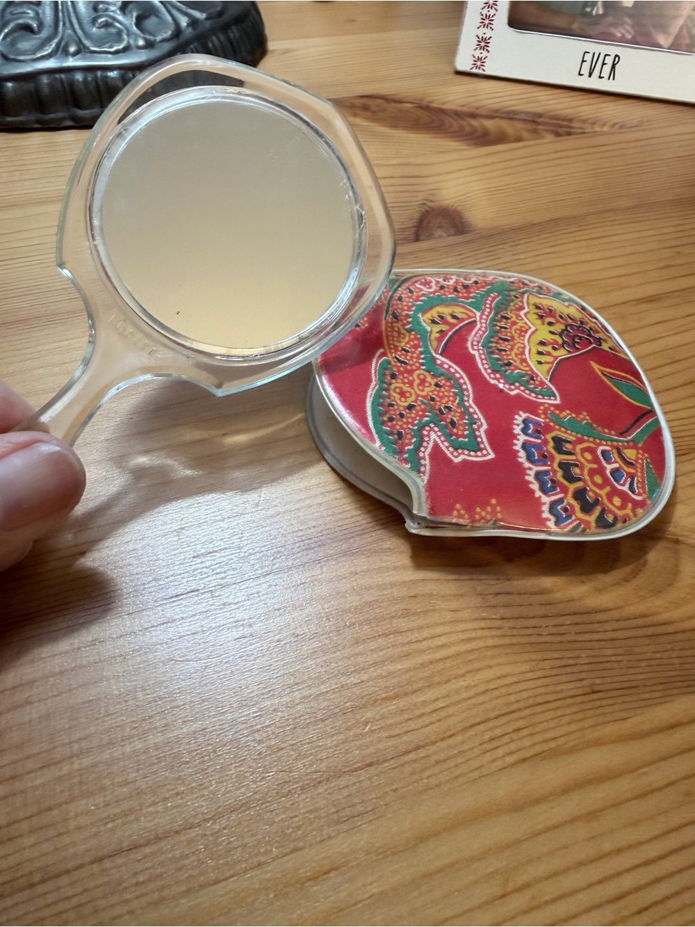 Vintage Compact Hand Mirror with Red Paisley Decorative Case
